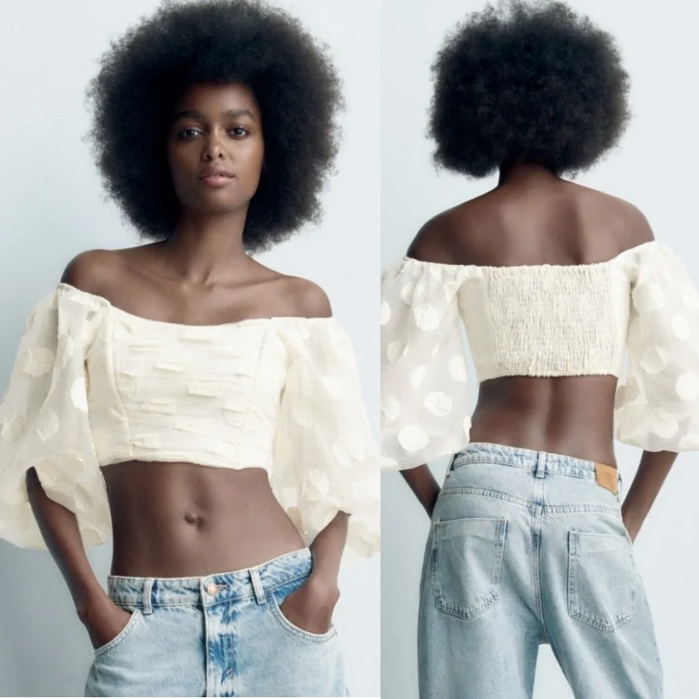 Zara Womens Bloggers Fave Cream Rose Petal Balloon Sleeve Cropped Top Size XS